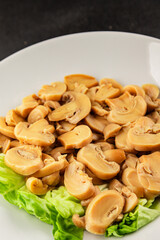 champignon slices canned mushrooms salad fresh delicious gourmet food background on the table  rustic food top view copy space keto and paleo diet vegetarian and vegan food