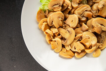 champignon slices canned mushrooms salad fresh delicious gourmet food background on the table  rustic food top view copy space keto and paleo diet vegetarian and vegan food