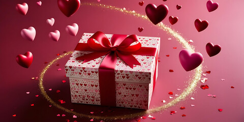 A valentine's day gift box with hearts and a red ribbon on a pink background with golden sparkles