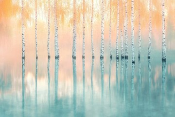 Obraz premium A serene forest scene with slender birch trees reflected in a soft, misty body of water, creating a tranquil atmosphere.