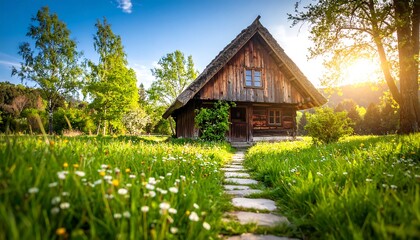 Fototapeta premium Wooden cottage in a spring meadow bathed in sunlight