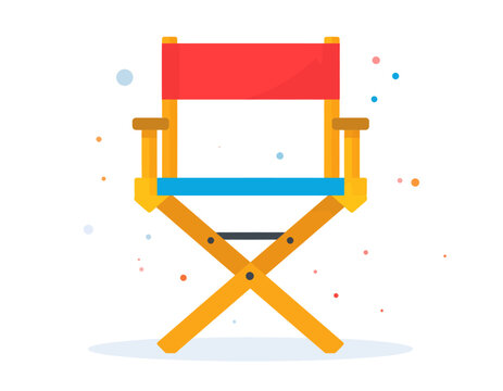 A vibrant flat design vector illustration of a classic director's chair. Symbol of filmmaking, movie production, and the entertainment industry.