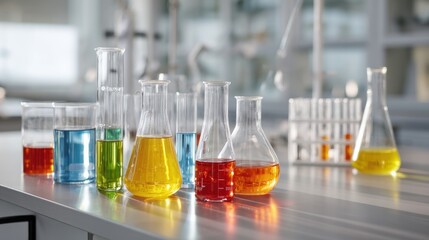 Laboratory Glassware With Colorful Liquids On A Workbench. Chemistry Experiments And Scientific Research
