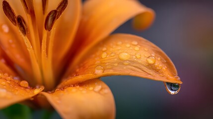 Close-up of an orange lily petal covered in water droplets.
