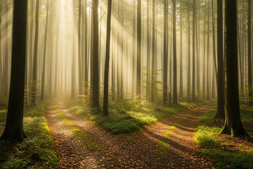 Fototapeta premium Sunlit Winding Path Through Lush Pine Forest at Sunset
