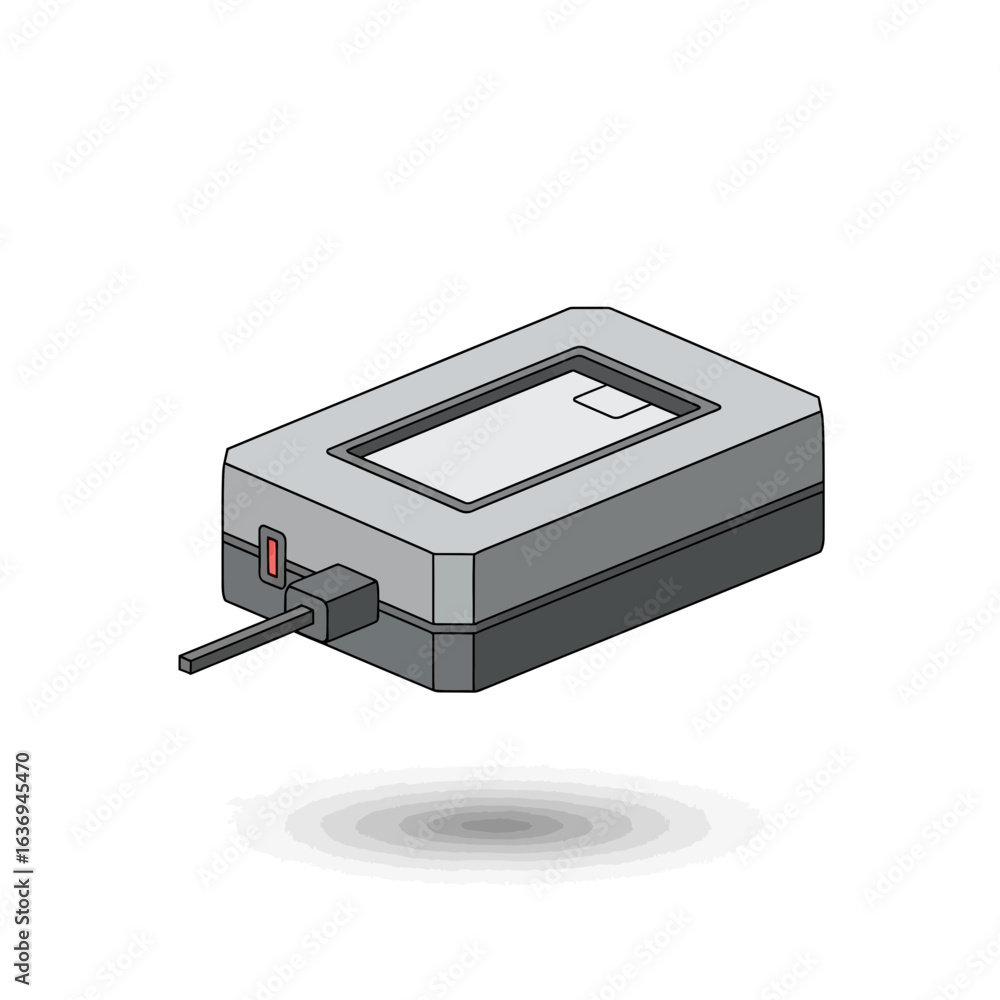 Poster electronic device with a cable and a display screen.