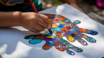 Child's Hand Painting Colorful Mosaic Artwork