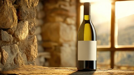 Bottle of wine with blank white label sits on stone window sill in rustic winery