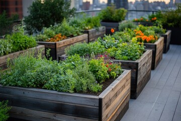 A vibrant rooftop garden with wooden planters containing herbs, flowers, and vegetables against an urban skyline at sunset.