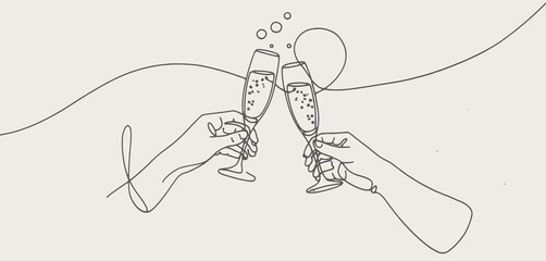 Minimalist line art of hands clinking champagne glasses with bubbles
