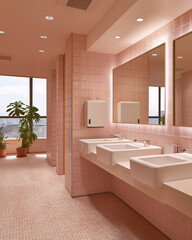 Soft Pink-Tiled Public Restroom — Sunlit, Neurodivergent-Friendly Design with Gentle Color Tones and Minimal Distractions