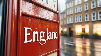 Fototapeta premium Rain falling on red telephone booth with word england on it, blurred urban street in background