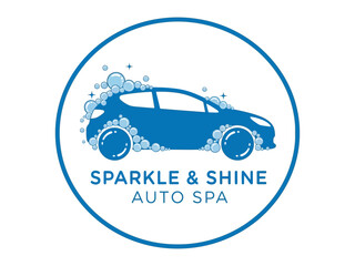 Sparkle & Shine Auto Spa Logo: A clean and stylish auto spa logo design, featuring a sleek car with bubbles, representing a service that delivers automotive detailing, care, and shine.