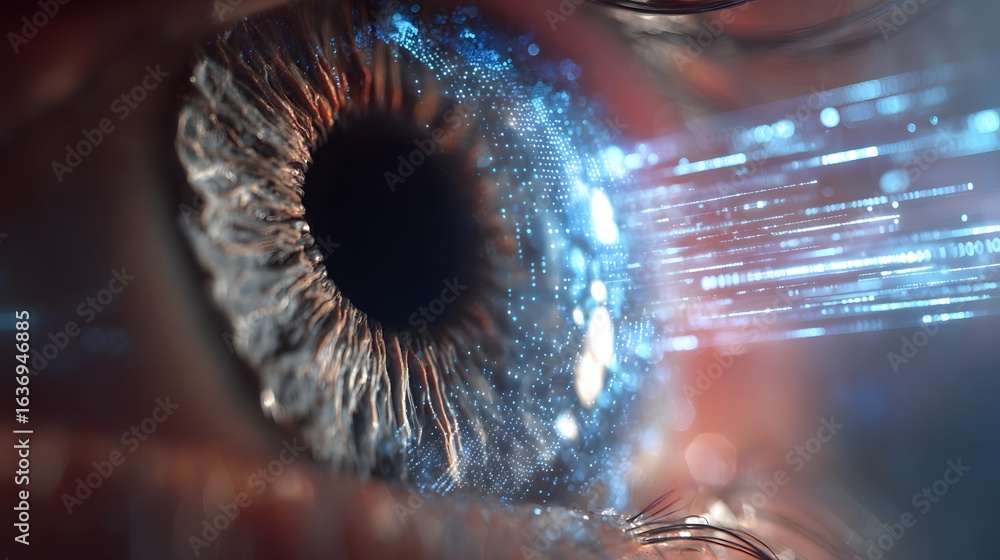 Poster close-up view of an eye with digital data streams.