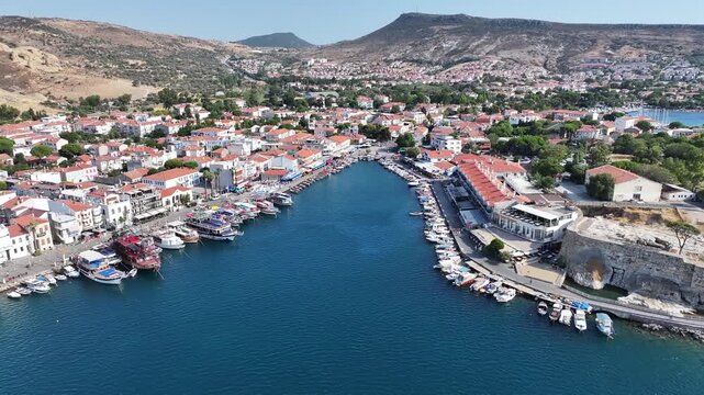 Izmir Foca drone shooting - 4k drone shooting of the cute Aegean village and Izmir fishing town Fo&ccedil;a