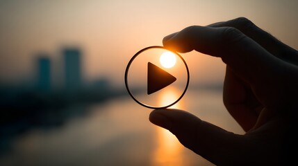 Play button framed by a lens at sunset.