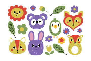 Playful Wildlife Montage: A vibrant collection of cheerful animal illustrations dances across the canvas, each creature brimming with charm and delight, complemented by whimsical flowers and foliage.