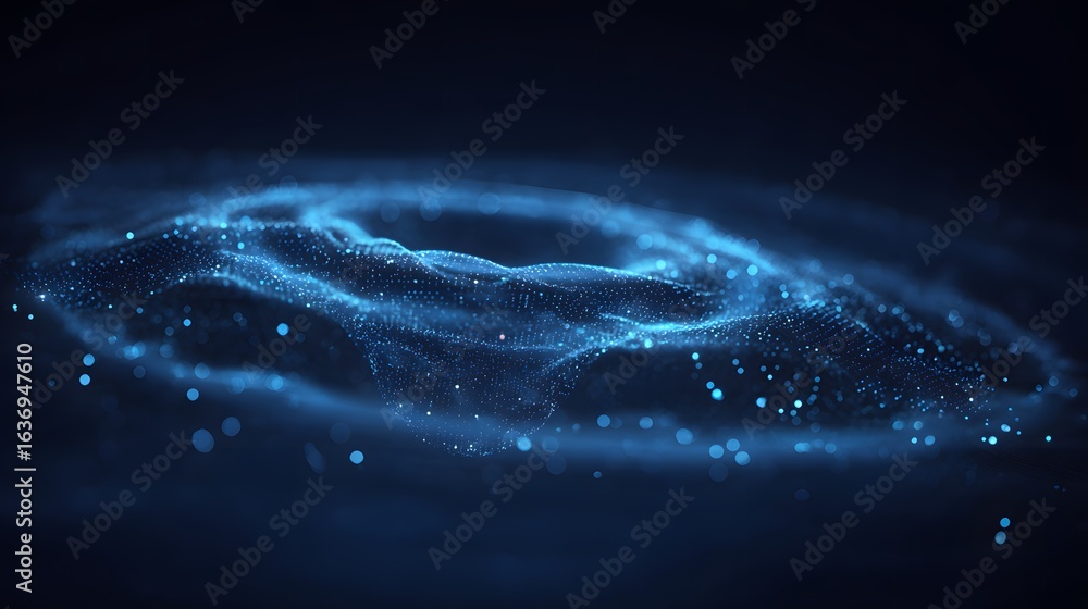 Poster abstract digital illustration of glowing particles forming a circular wave pattern.