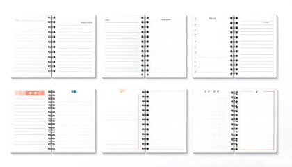 Blank spiral-bound notebooks, various layouts