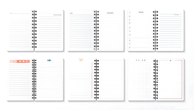 Blank spiral-bound notebooks, various layouts