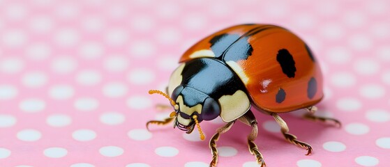 Obraz premium Closeup Ladybug Pink Polka Dot Background Macro Photography