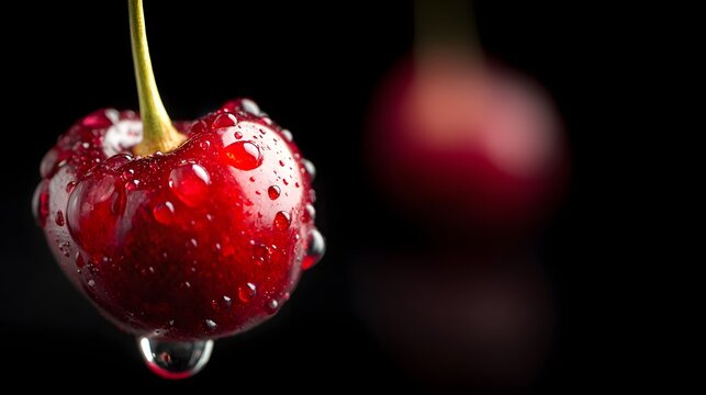 Close-up view of a single, wet cherry.