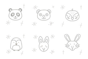 Animal Faces Line Art: Charming line art illustrations showcasing adorable animal faces, from a panda and rabbit to an owl, rabbit, creating a cute.