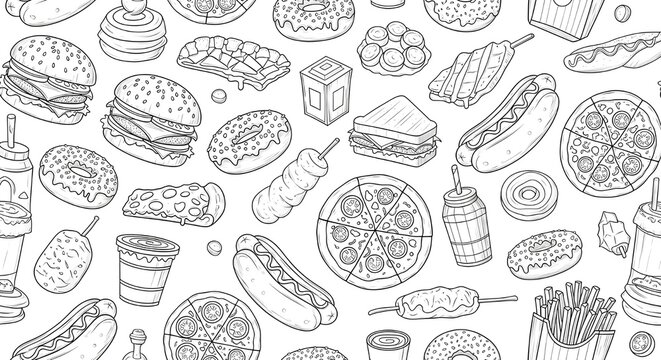 Fun cartoon food pattern illustration with hamburgers hot dogs pizza donuts sandwiches and fries in black line art on white background perfect for children design branding and digital media projects - Powered by Adobe