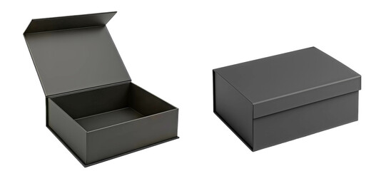 Matte black rectangular cardboard gift box set, one open with lid raised and one closed, clean minimal design, isolated on transparent background for product mockup and packaging template use