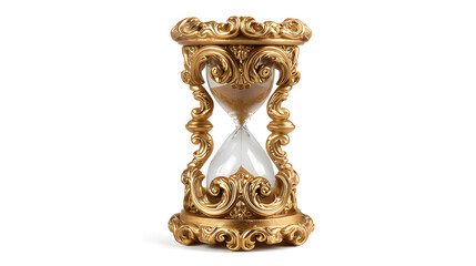 Vintage, old fashioned hourglass. Antique gold ornate hourglass, sand timer isolated 