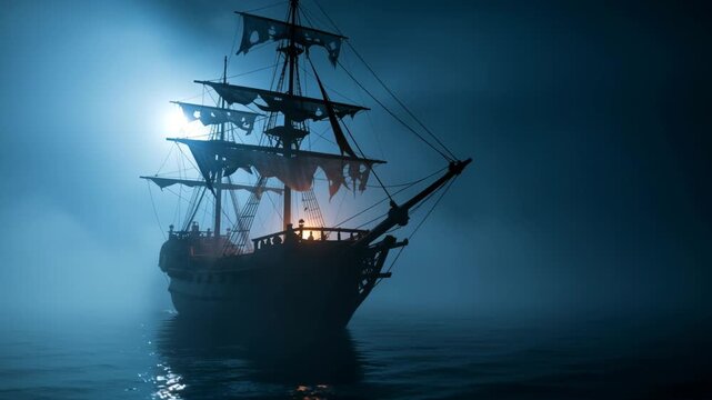 Old pirate ship sailing in misty sea at night with glowing lanterns