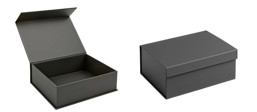 Matte black rectangular cardboard gift box set, one open with lid raised and one closed, clean minimal design, isolated on transparent background for product mockup and packaging template use