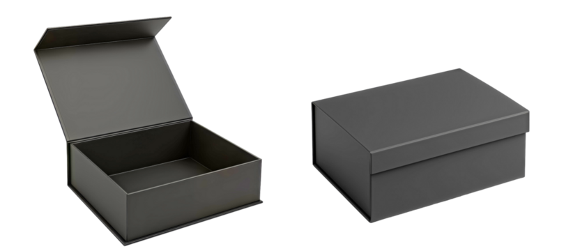 Matte black rectangular cardboard gift box set, one open with lid raised and one closed, clean minimal design, isolated on transparent background for product mockup and packaging template use