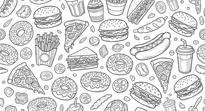 Naklejki Fun cartoon food pattern illustration with hamburgers hot dogs pizza donuts sandwiches and fries in black line art on white background perfect for children design branding and digital media projects