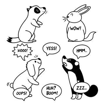 Cartoon animal characters illustration featuring dog rabbit skunk and ferret with speech bubbles art vector