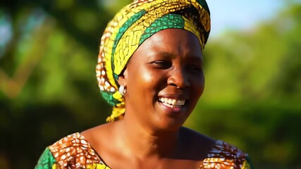 Close up portrait of a joyful mature African woman wearing a colorful traditional headwrap and smiling - Powered by Adobe