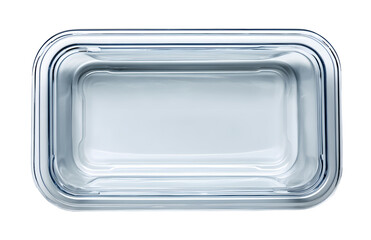 Empty rectangular plastic food container with lid, top view