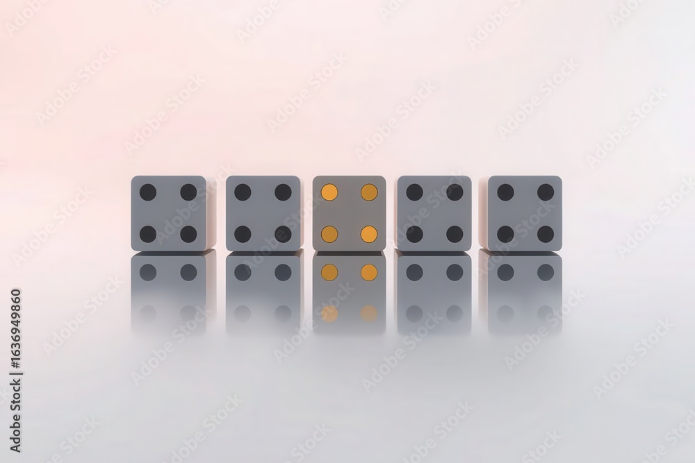 Poster A symmetrical array of gray cubes, one cube is gold, each with four dots, reflecting light beneath.