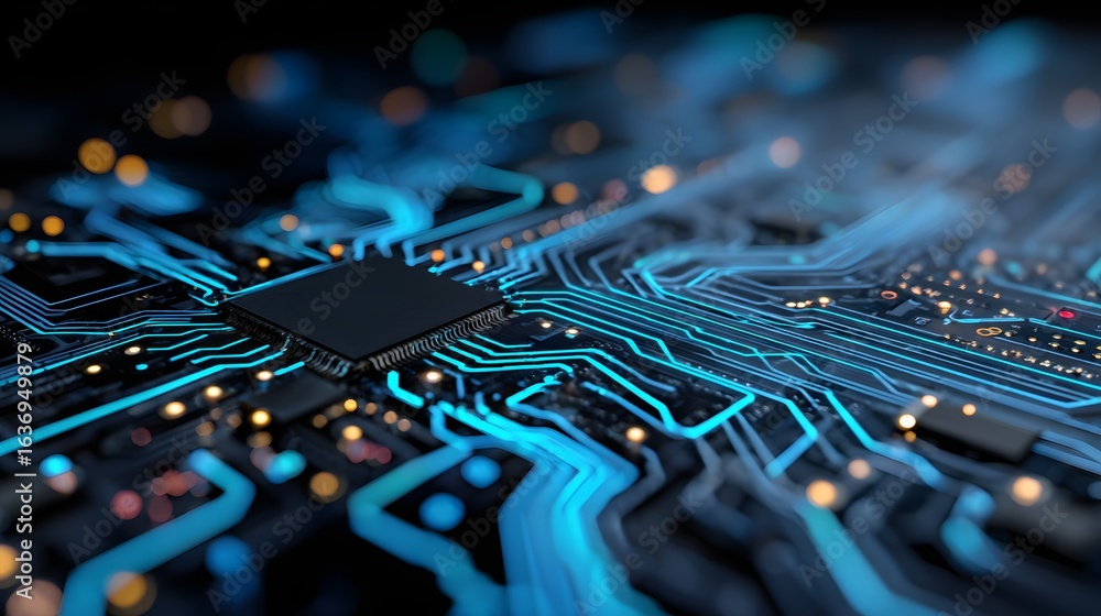 Poster close-up view of a circuit board with glowing blue pathways.
