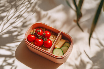 Sunlit Bento Snack Box — Fresh Cherry Tomatoes, Quinoa, Cheese Cubes, and Cucumber Slices in Soft Pink Container