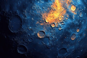 Dramatic close-up showing the textured surface of a moon or planet with numerous craters and a celestial light source.