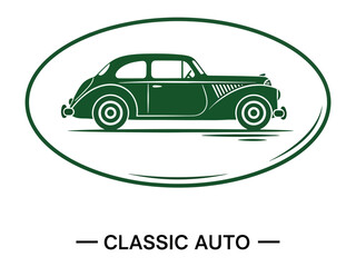 Fototapeta premium Vintage Classic Car: A detailed illustration showcases a meticulously rendered classic car, symbolizing timeless automotive design and style within an elegant oval frame.