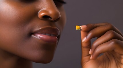 Obraz premium Closeup Woman Holding Small Yellow Capsule Skincare Product