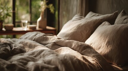 Cozy Bedroom With Soft Linen Bedding And Natural Light. Inviting And Serene Atmosphere For Relaxation