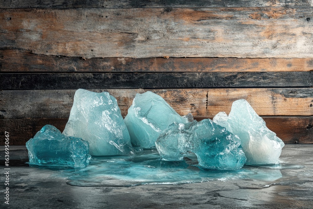 Poster translucent ice chunks melt on a damp surface against a rustic wooden backdrop, creating a cooling a