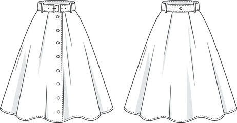 Flared skirt technical drawing, front button closure, waistband belt, stitching detail, fashion illustration, garment design