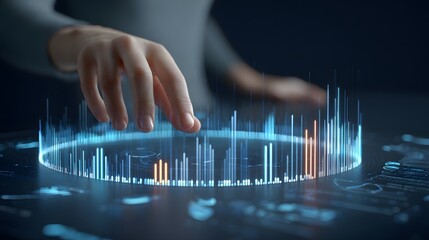 A hand interacts with a holographic display of data visualizations.