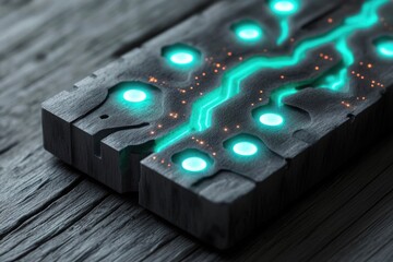 A futuristic wooden plank with glowing turquoise circuits and embedded lights, resting on textured wood surface.