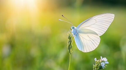 Golden butterfly glows in the sun at sunset, macro. Wild grass on a meadow in the summer in the rays of the golden sun. Romantic gentle artistic image of living wildlife