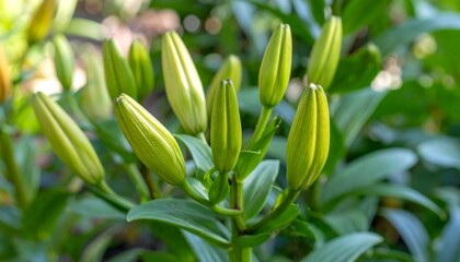 Fototapeta premium Close-up of many pale green lily buds